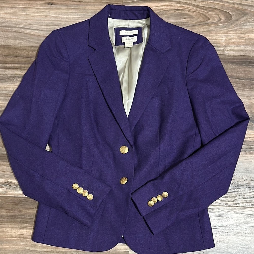 J Crew Womens Schoolboy Blazer Size 0 Purple Gold Crested Buttons Wool Blend - Picture 1 of 13